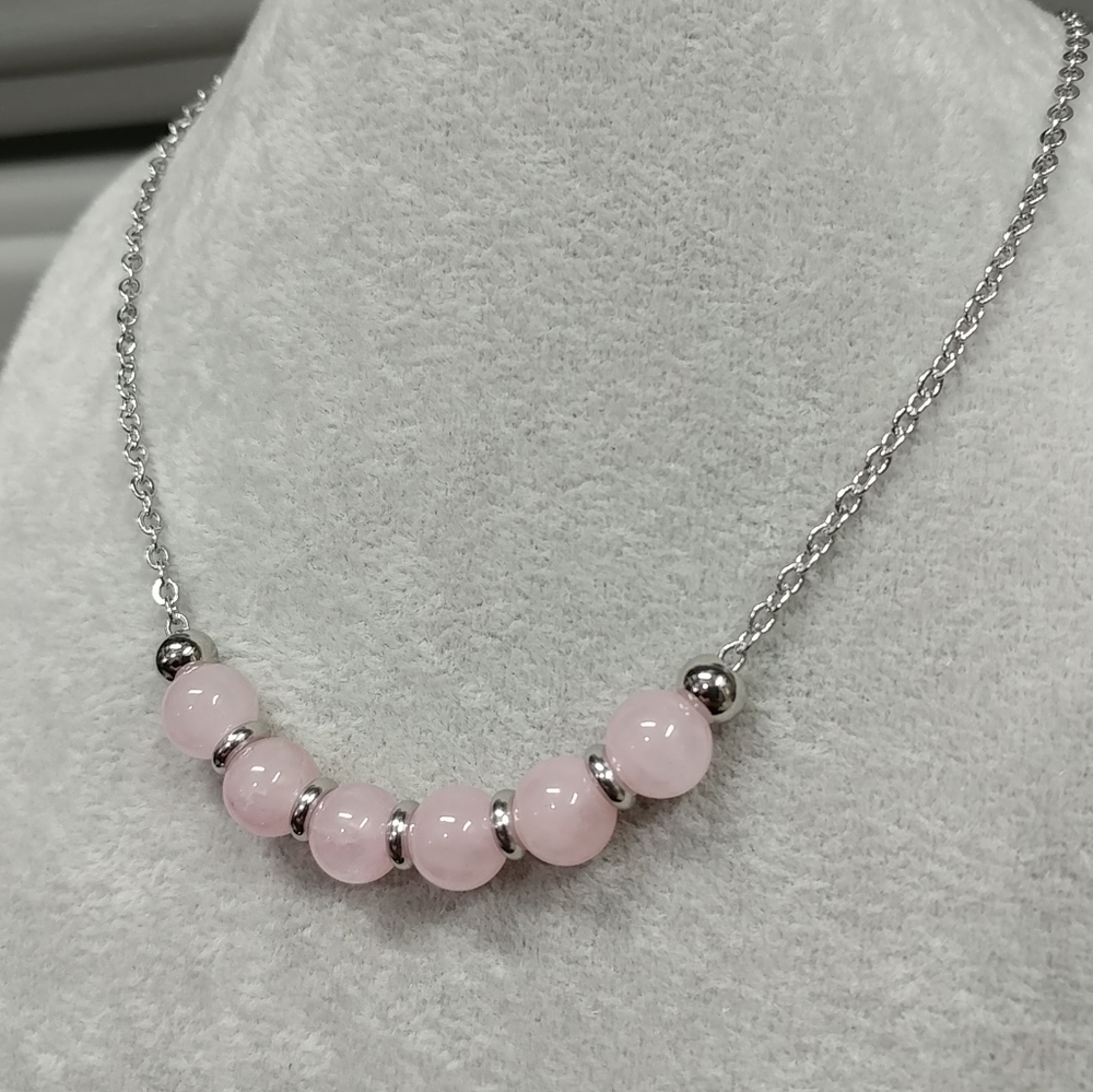 Rose Quartz Bead Necklace Natural Gemstone Crystal Stainless-Steel Chain 20"